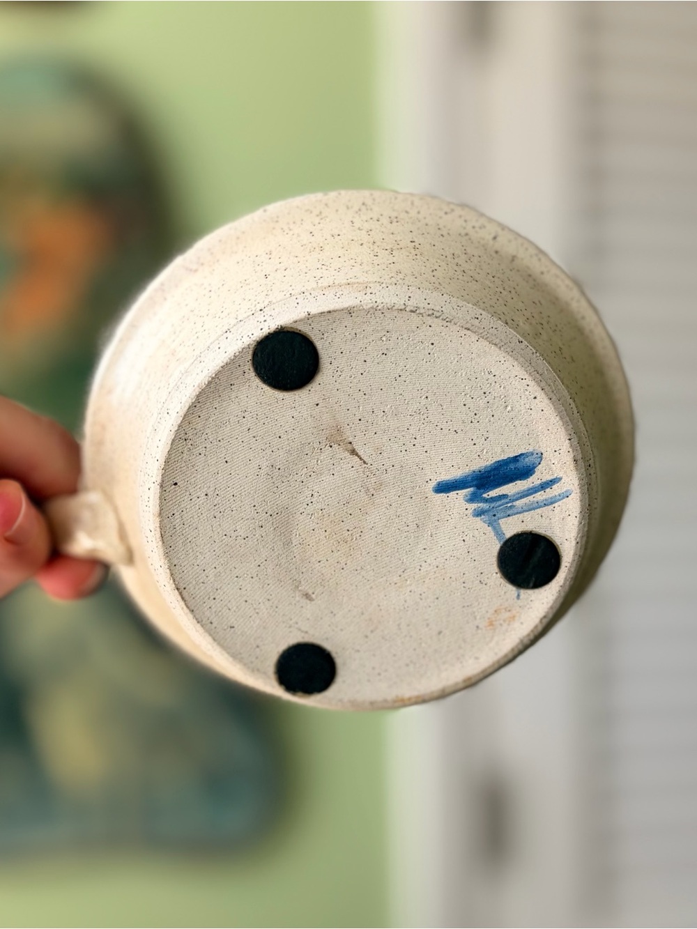 Handmade Ceramic Taper Chamber Style Candle Holder in Cream and Blue - Picture 3 of 6